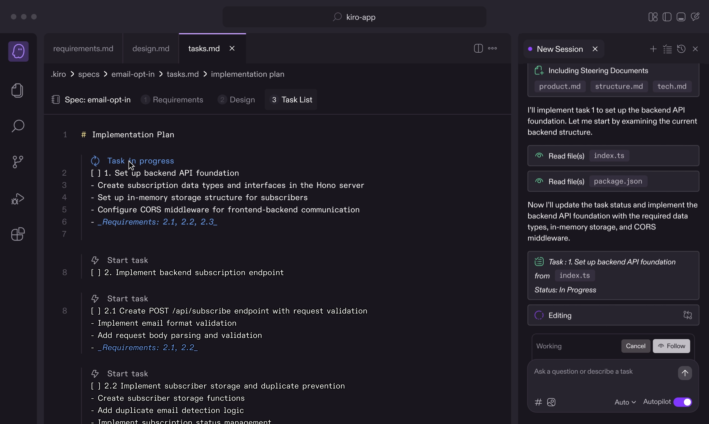 A screenshot of Kiro IDE with a dark theme, showing the main dashboard with various options and a code editor on the right.