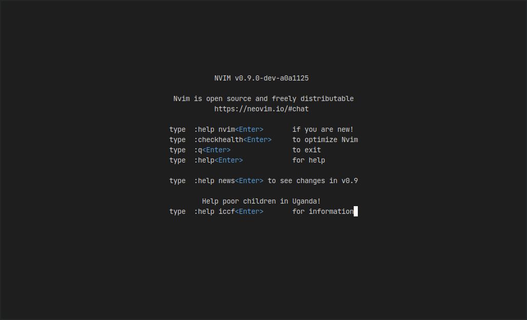 A screenshot of Neovim with a dark theme, showing the intro screen with various options and a command line at the bottom.