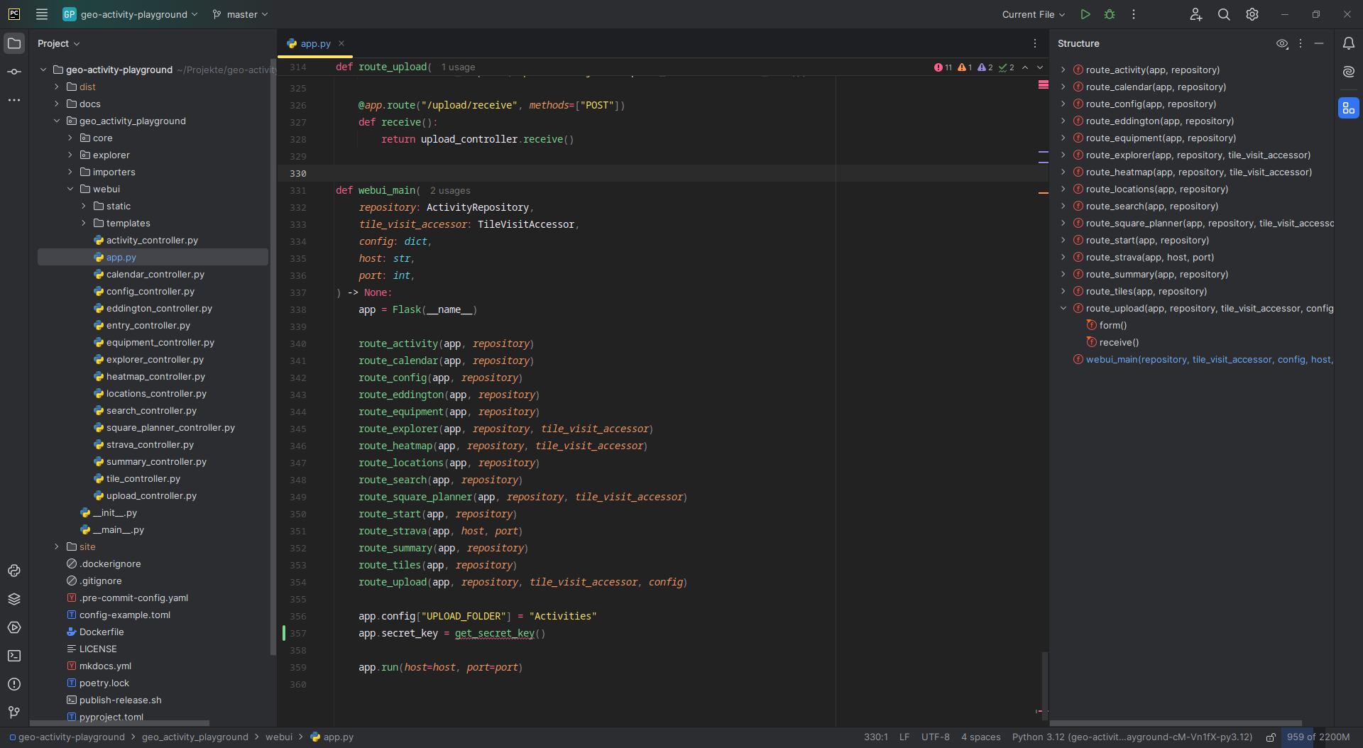 A screenshot of a JetBrains IDE with a dark theme, showing a complex project structure and various code files open.