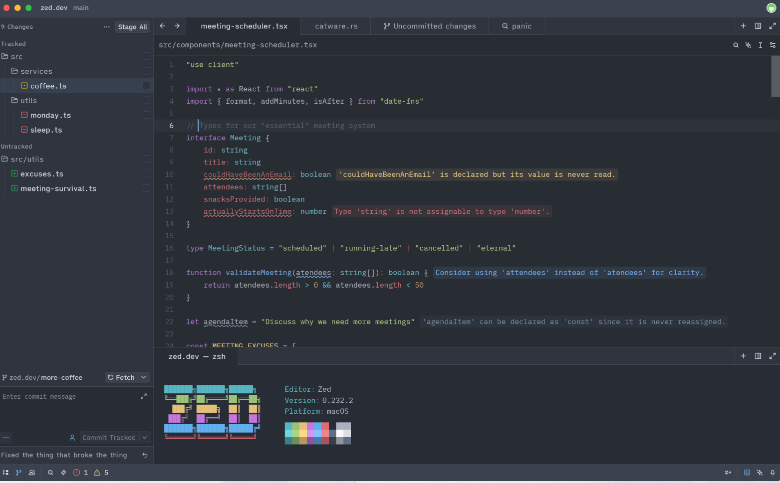 A screenshot of Zed IDE with a dark theme, showing the main dashboard with various options and a code editor on the right.